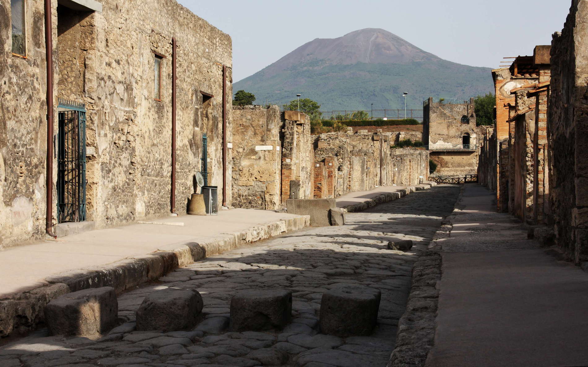 Pompeii with pedestrian crossing and Vesuvio