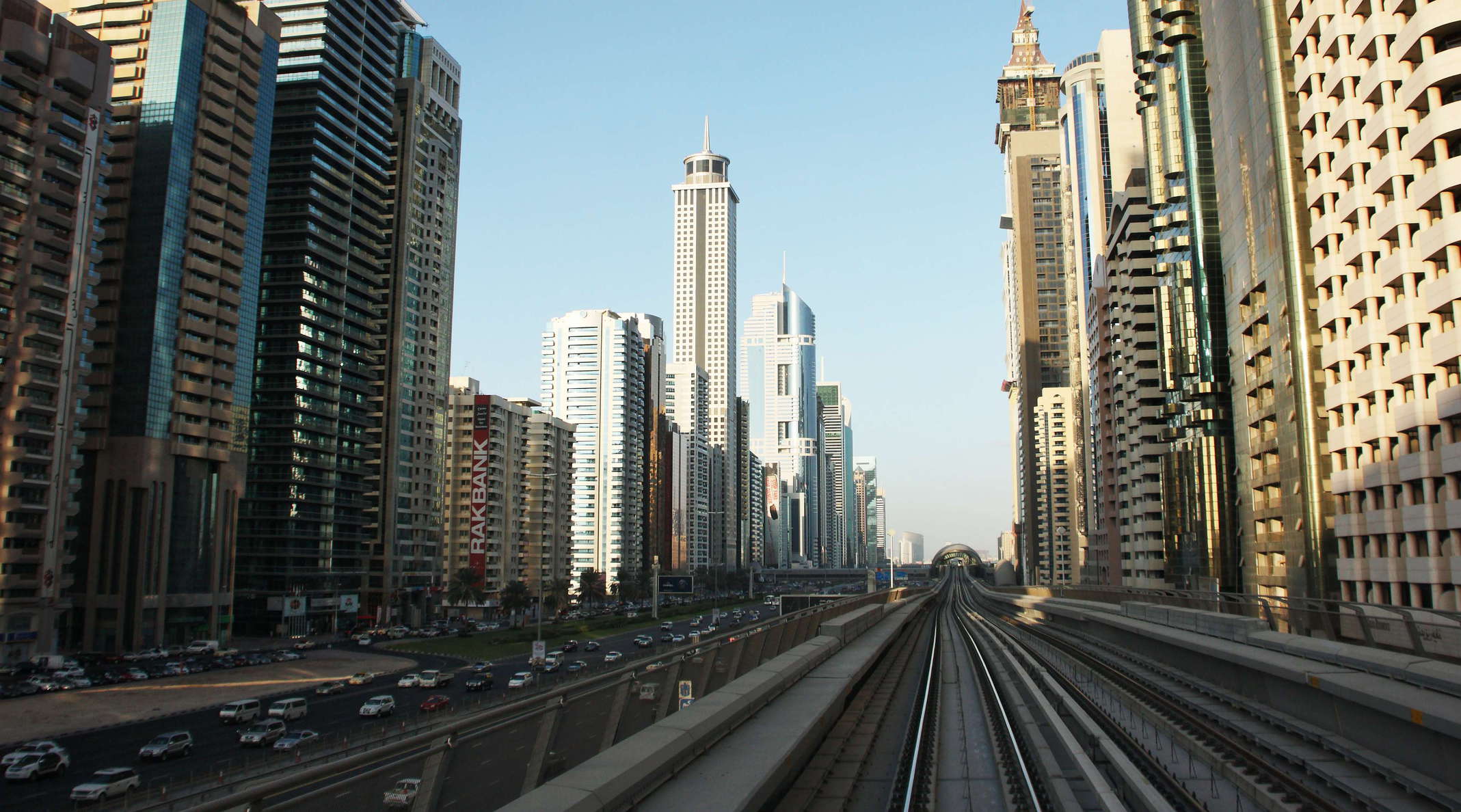 Dubai  |  Sheikh Zayed Road with metro and skyscrapers