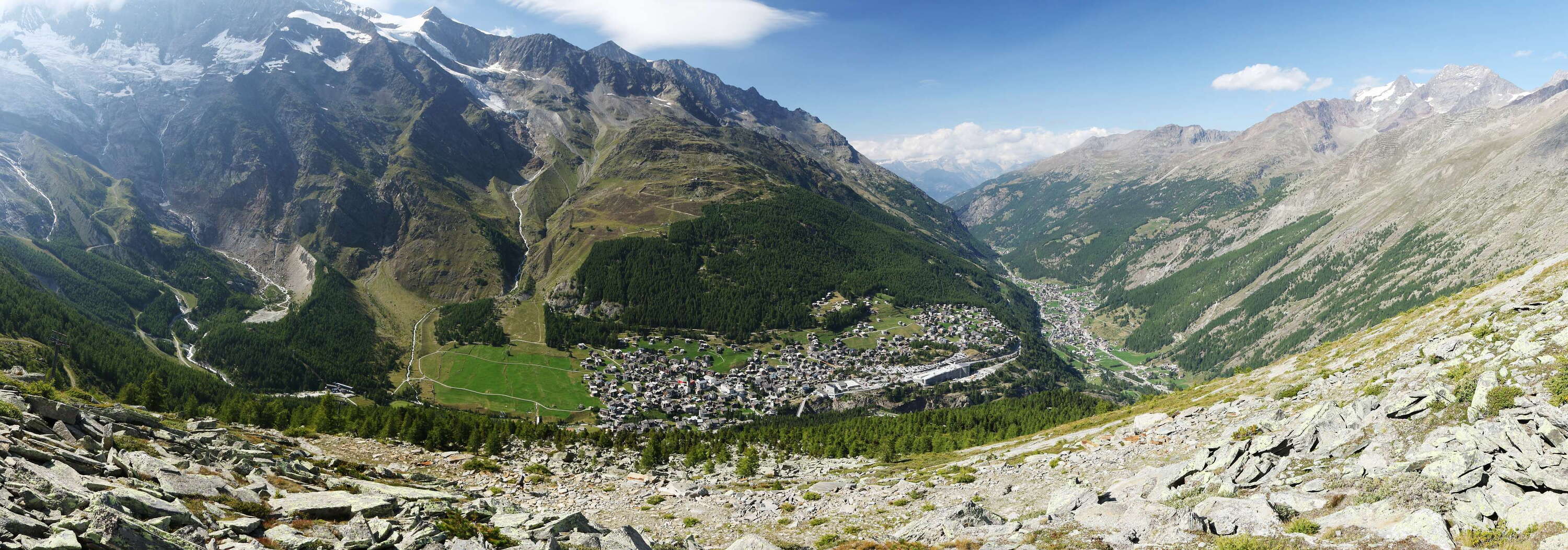 Saas Valley panorama with Saas-Fee and Saas-Grund